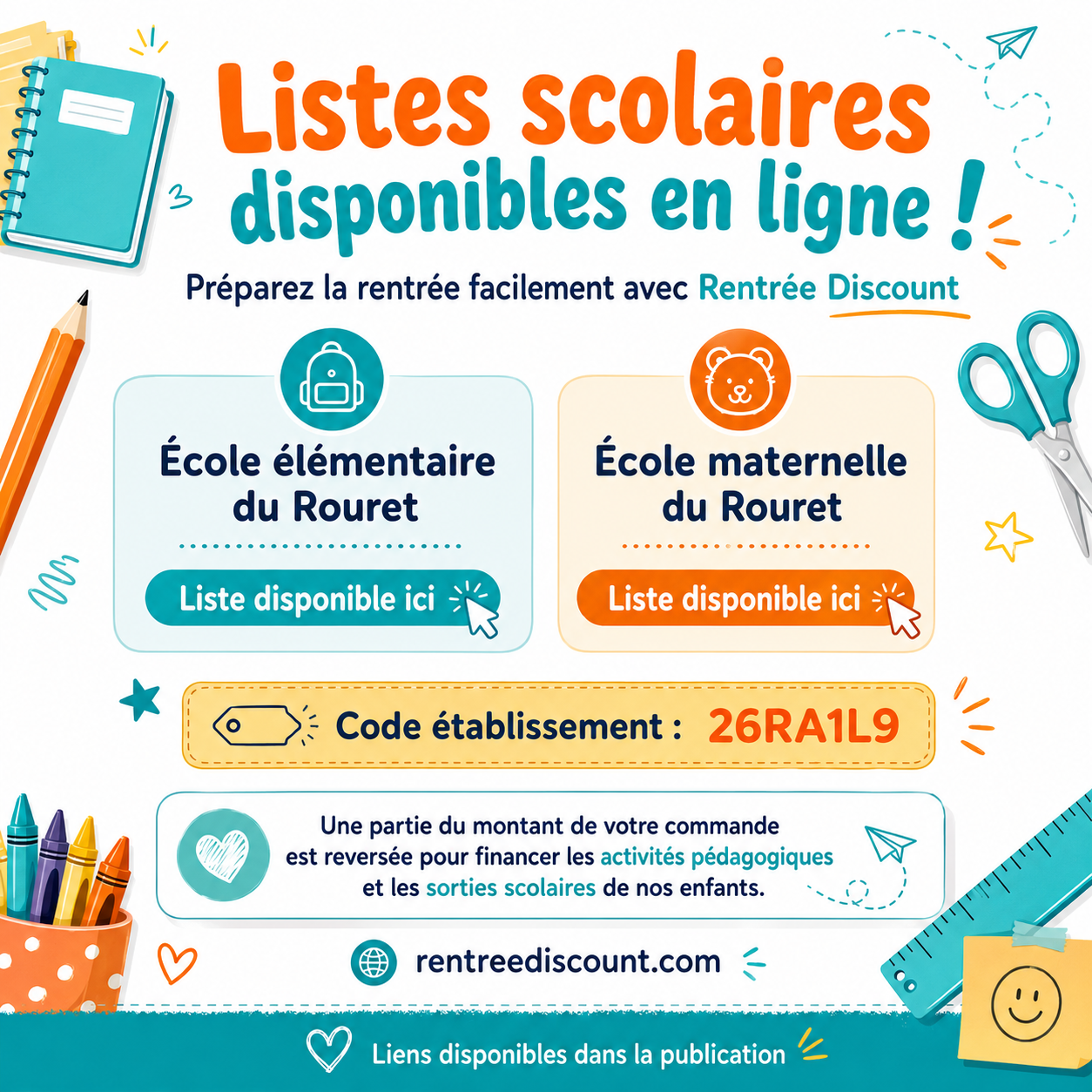 Listes scolaires du Rouret en ligne avec Rentrée Discount - code établissement 26RA1L9